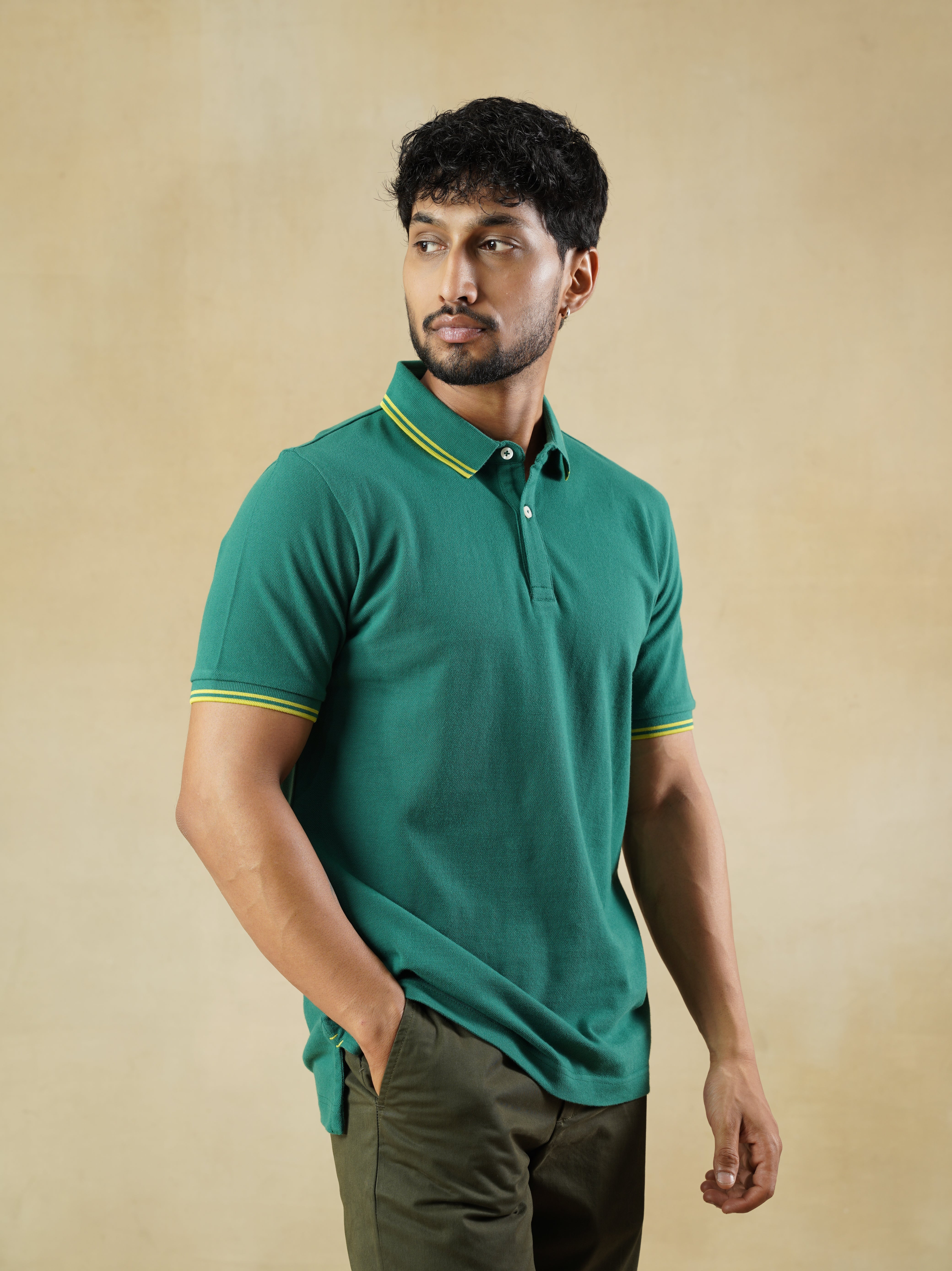 Men's 100% cotton Green Polo Neck T-Shirt
