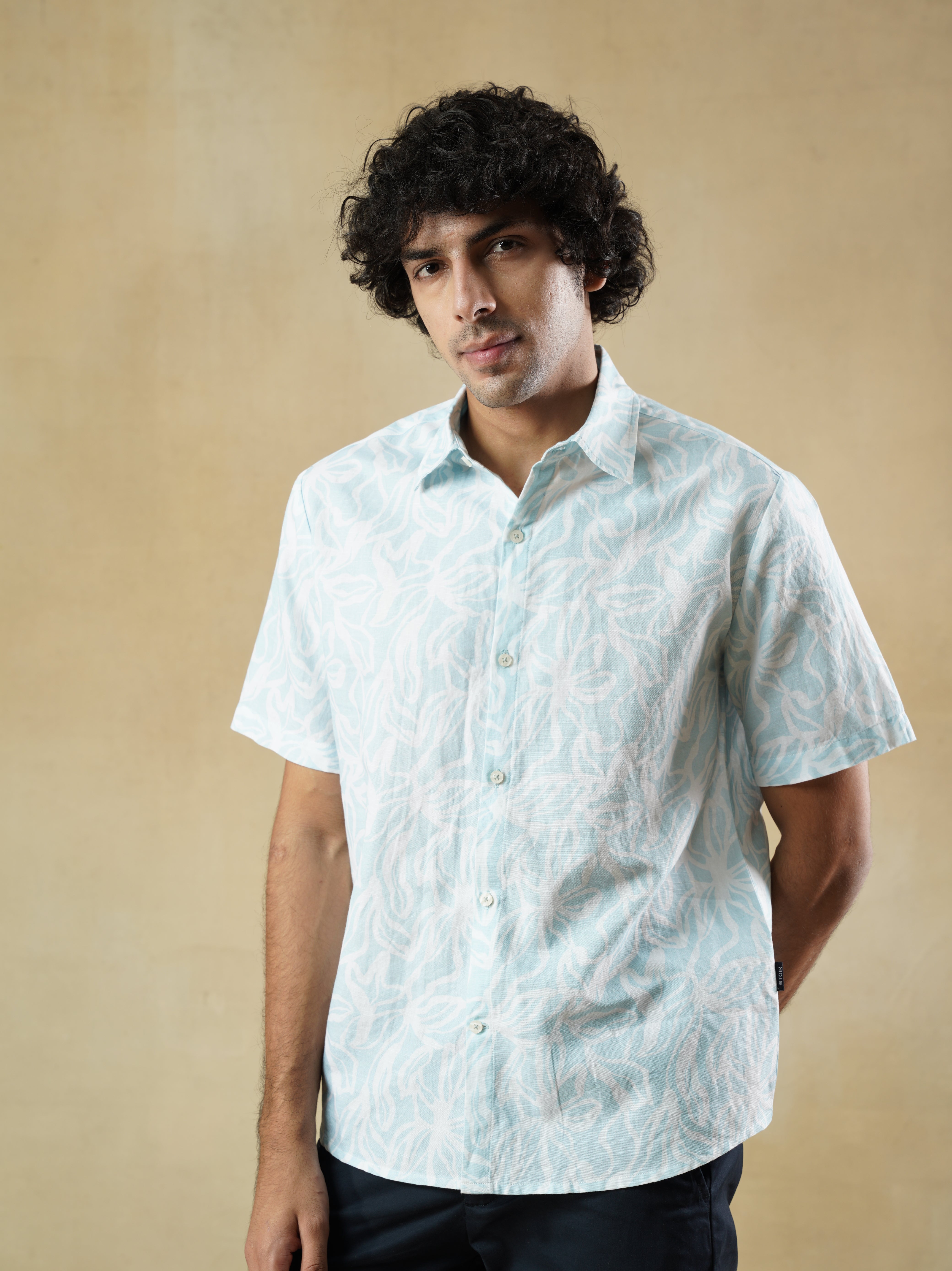 Men’s White Linen Blend half-sleeved Printed Shirt