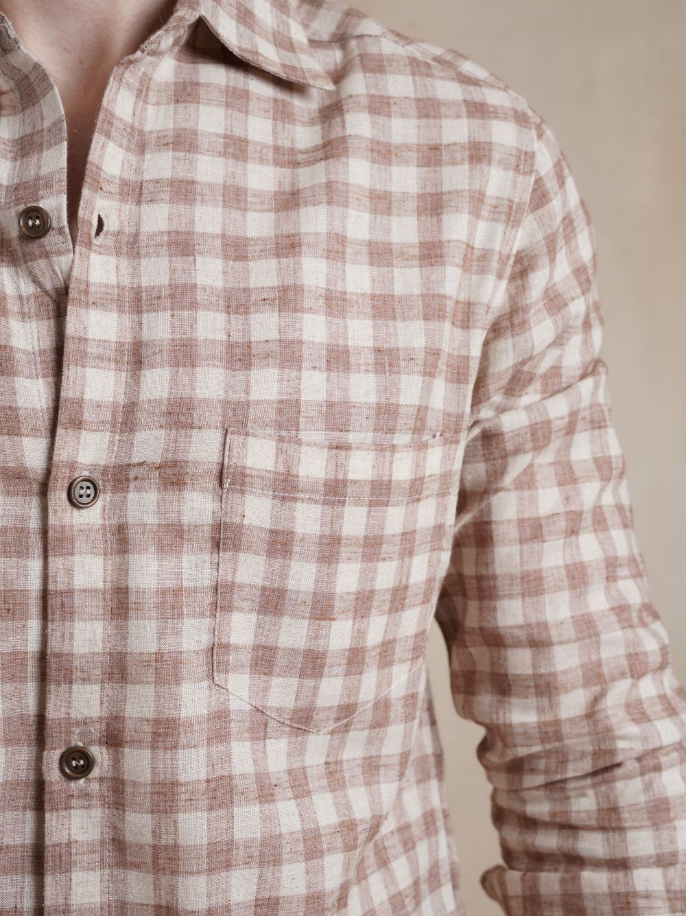 Men's Cotton Linen Brown Check Shirt