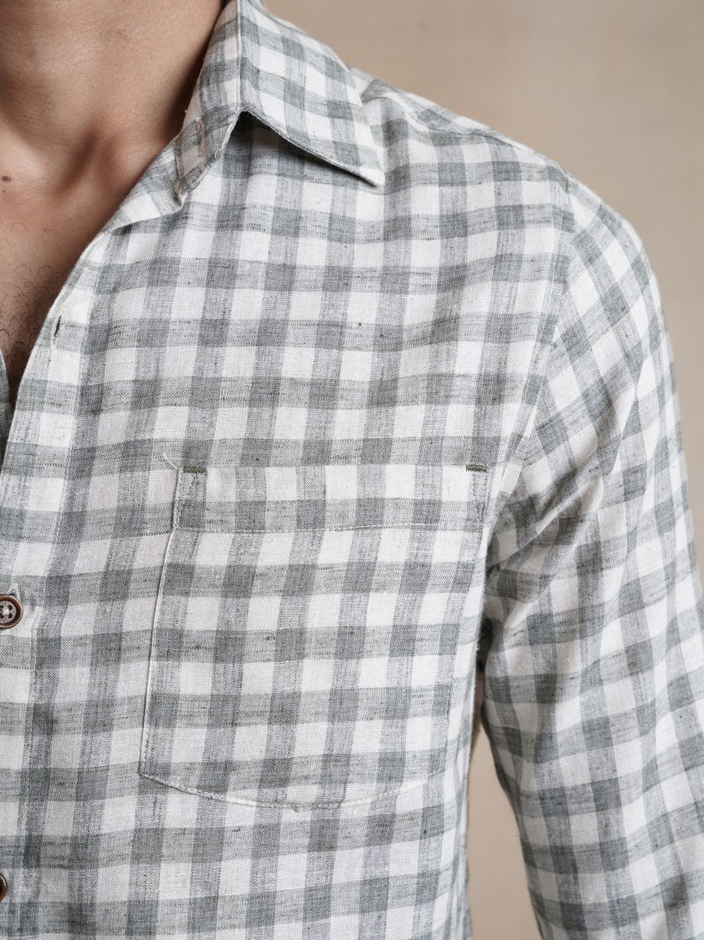 Men's Cotton Linen Green Check Shirt